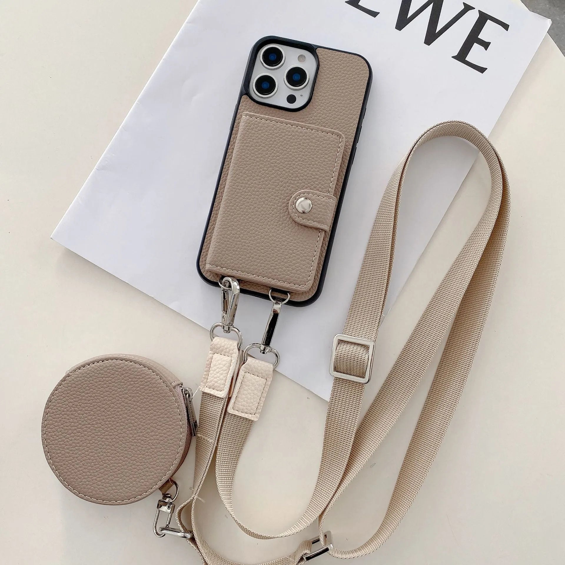 Slim black PC leather iPhone case with a built-in card slot and a lanyard loop on the corner.