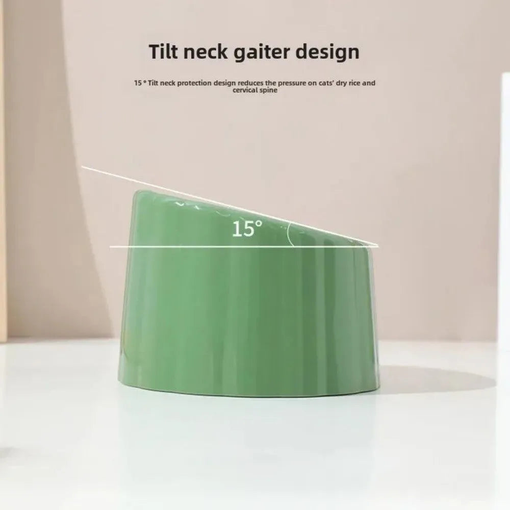 Solid green ceramic cat bowl with cactus pattern, high sides, and anti-slip rubber base ring.