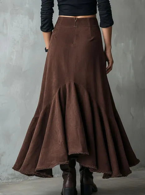 Brown women's high-low maxi skirt with a ruffle hem and textured eco suede finish.