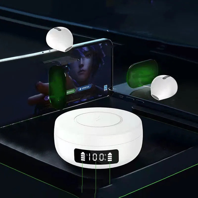 Mini small semi-in-ear wireless headphones in black, colour, or white with charging compartment.