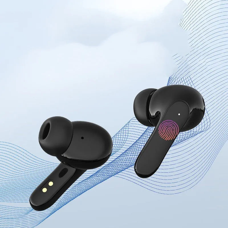Neutral-black and neutral-white wireless TWS in-ear sports stereo headphones with charging cable.
