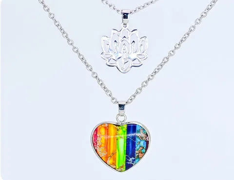 Seven-colour natural stone heart-shaped lotus pendant on silver-tone double-layer necklace
