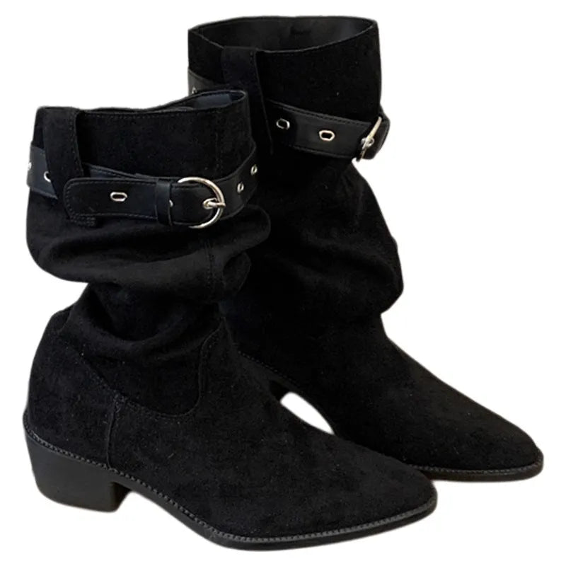 Western cowboy mid-calf boots with chunky heel and pointed toe in black