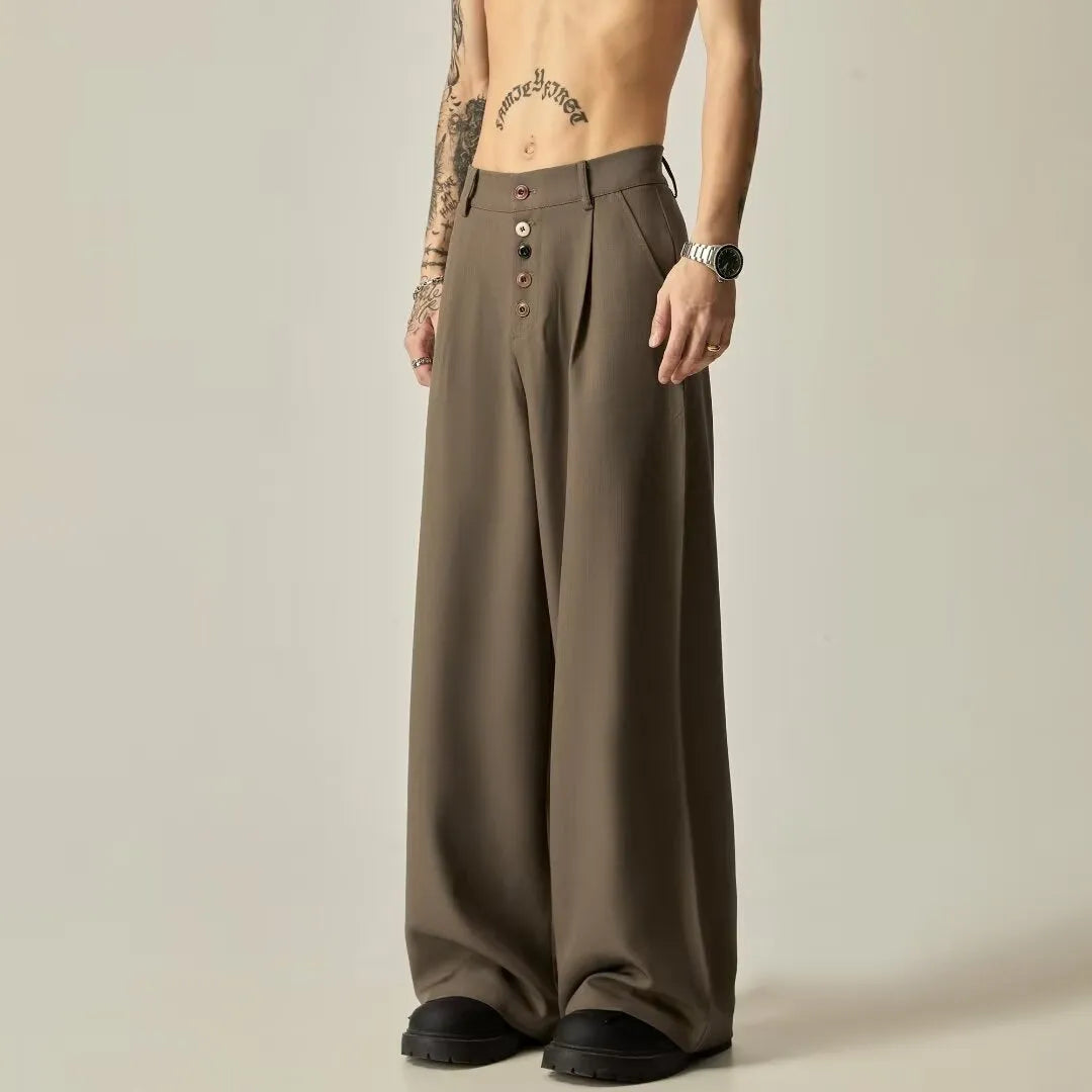 Men's black solid colour wide-leg casual trousers with a straight-leg cut and button fly.
