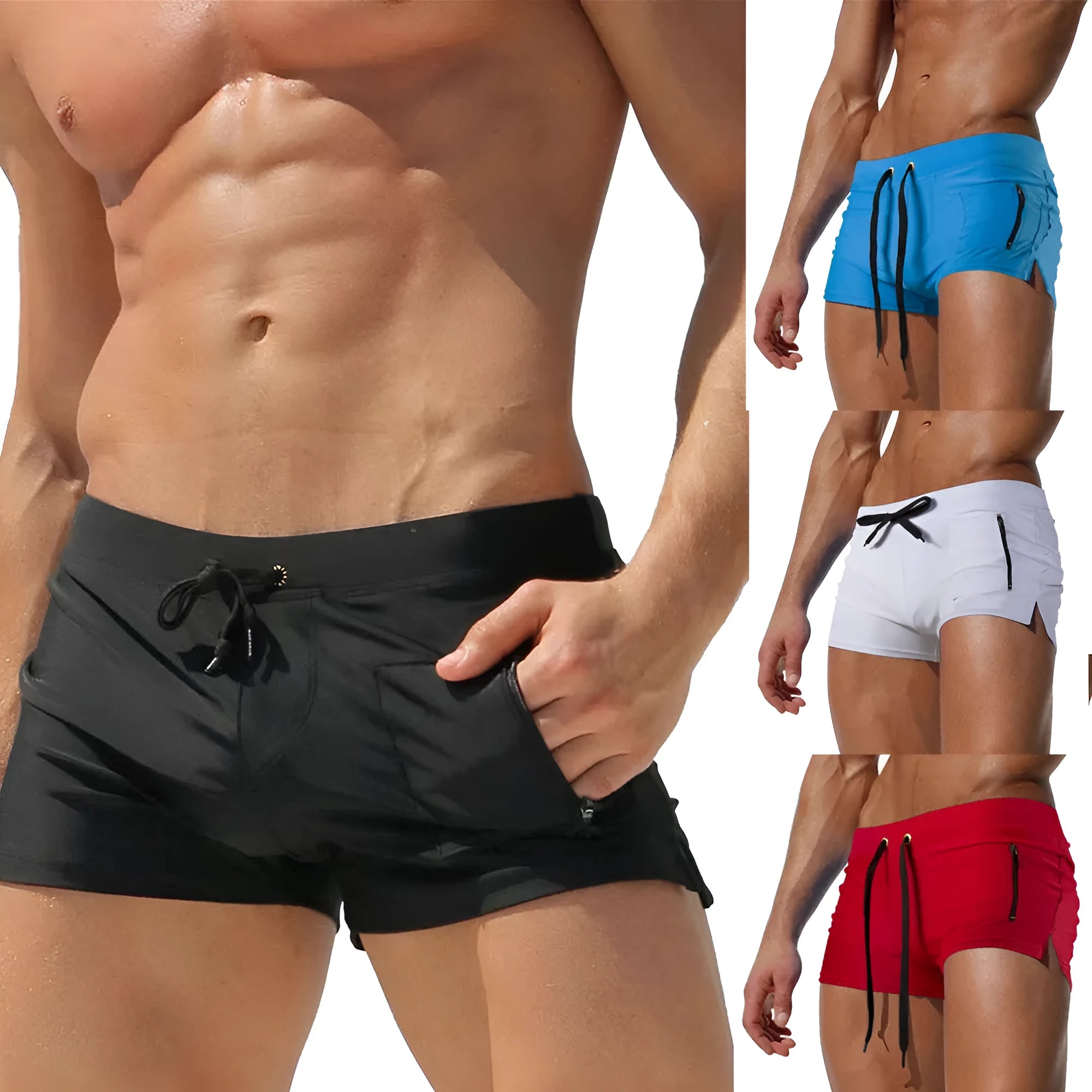 Men's black high-waist swimming trunks with a lace-up front closure
