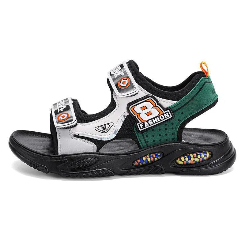 Boys anti-slip beach sandals in green, orange, and blue with microfiber leather upper and rubber sole