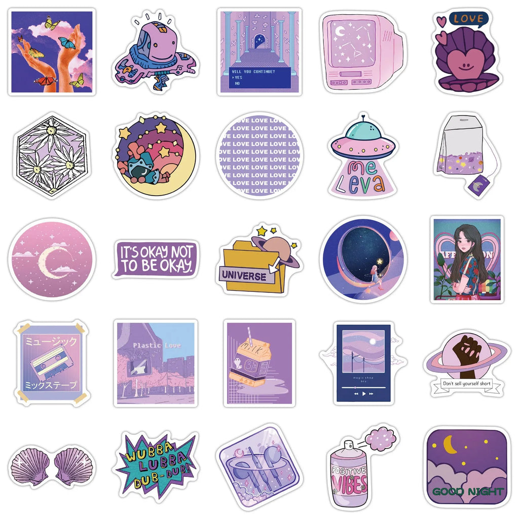 Purple graffiti cartoon self-adhesive stickers for luggage, 50 pack, each 4-6cm, with colourful cartoon skin pattern