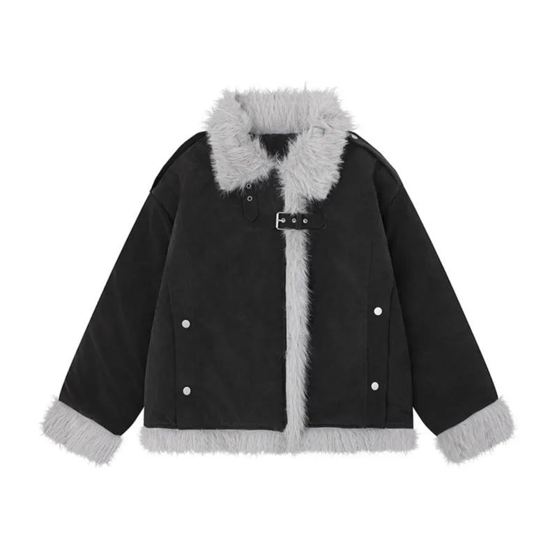 Women's American-style retro lamb wool coat in black loose fit polyester fabric