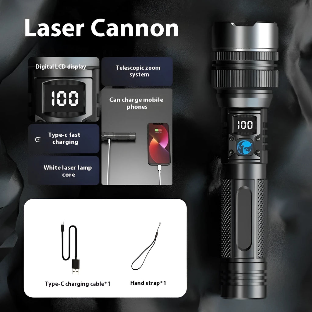 White laser digital display worklight flashlight with LCD screen and 1800mAh battery, portable PVC body