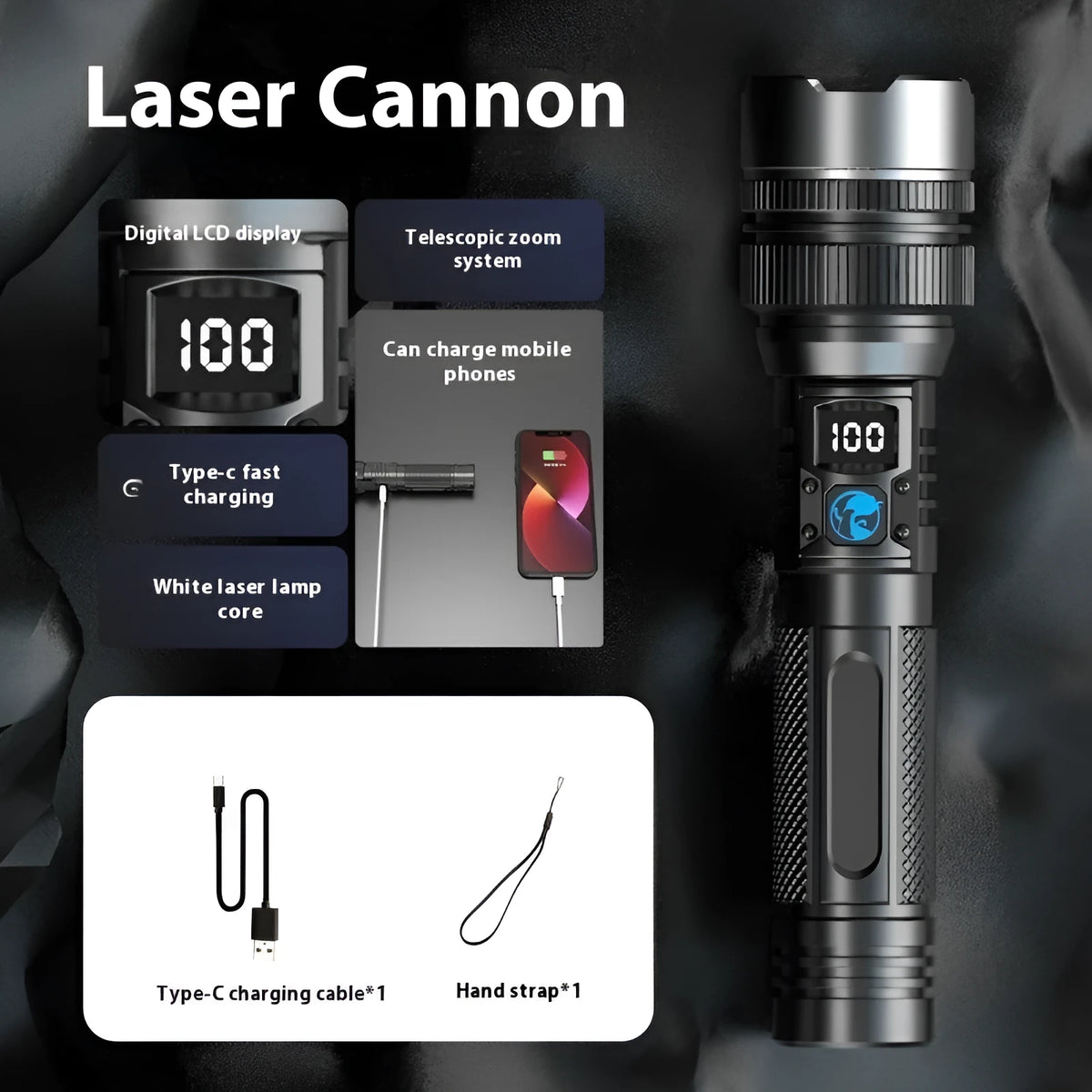 White laser digital display worklight flashlight with LCD screen and 1800mAh battery, portable PVC body