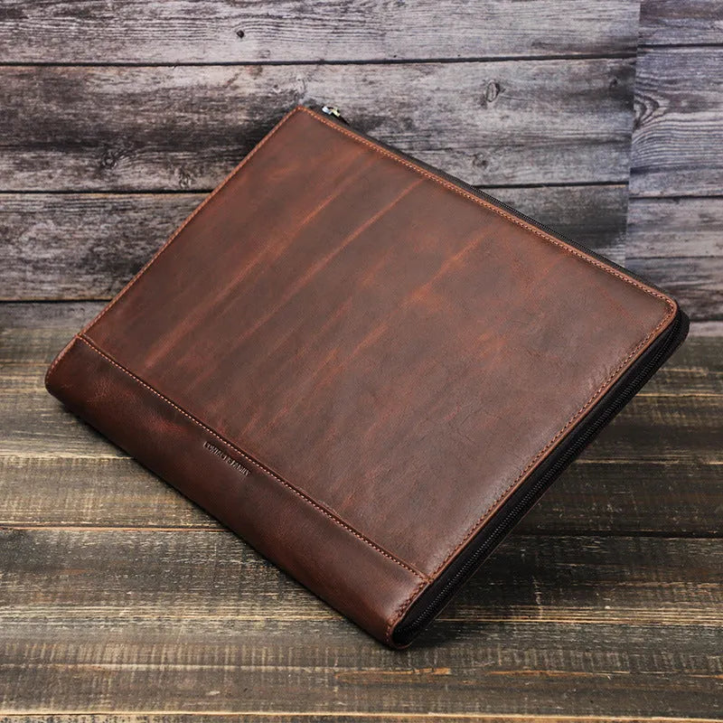 Crazy Horse Oil Leather zipper laptop bag in reddish brown or coffee, leather PC bag with zip closure