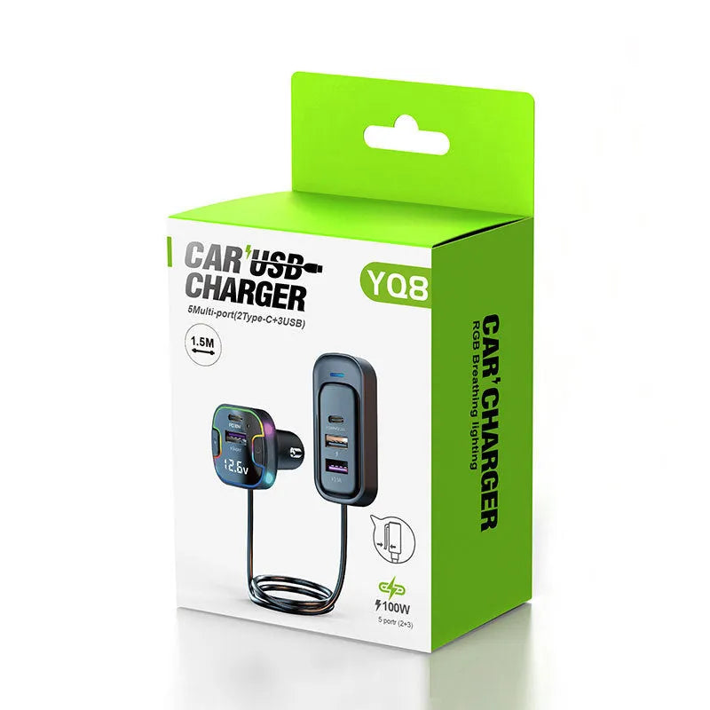 YQ8-Black coloured 5-port 120W car PD fast charger with multiple charging interfaces