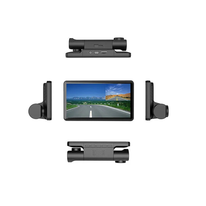 Three lens car dashcam with 4-inch touch screen display showing front, rear and interior camera views