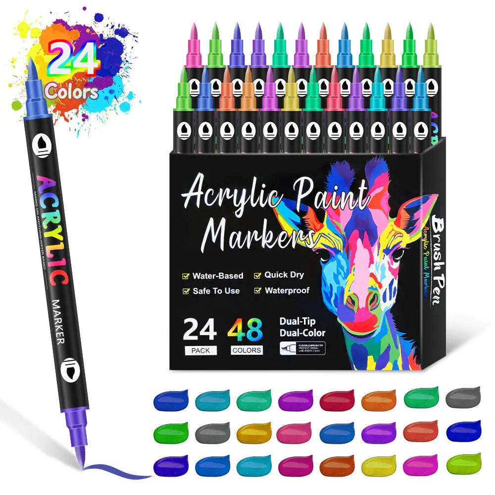 A set of double-headed acrylic marker pens with washable, quick-drying ink in multiple colours.