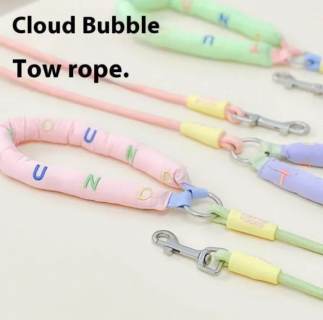 A 150cm long polyester dog leash with a hand-holding rope, shown in a choice of pink, green, purple, or raspberry powder colours.