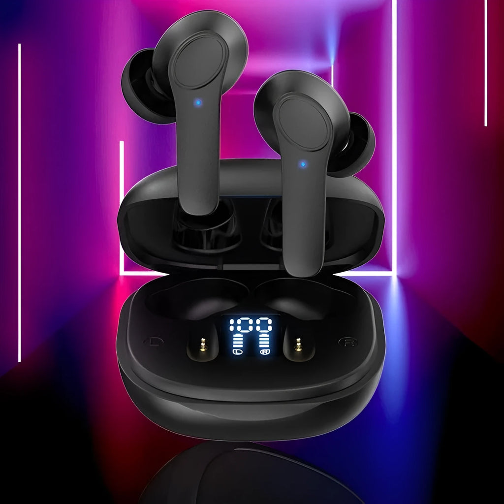 Black wireless Bluetooth translation headphones with touch controls and silicone earmuffs