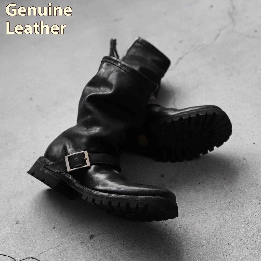 Men's black retro Martin boots with side zipper and round toe on a plain background.