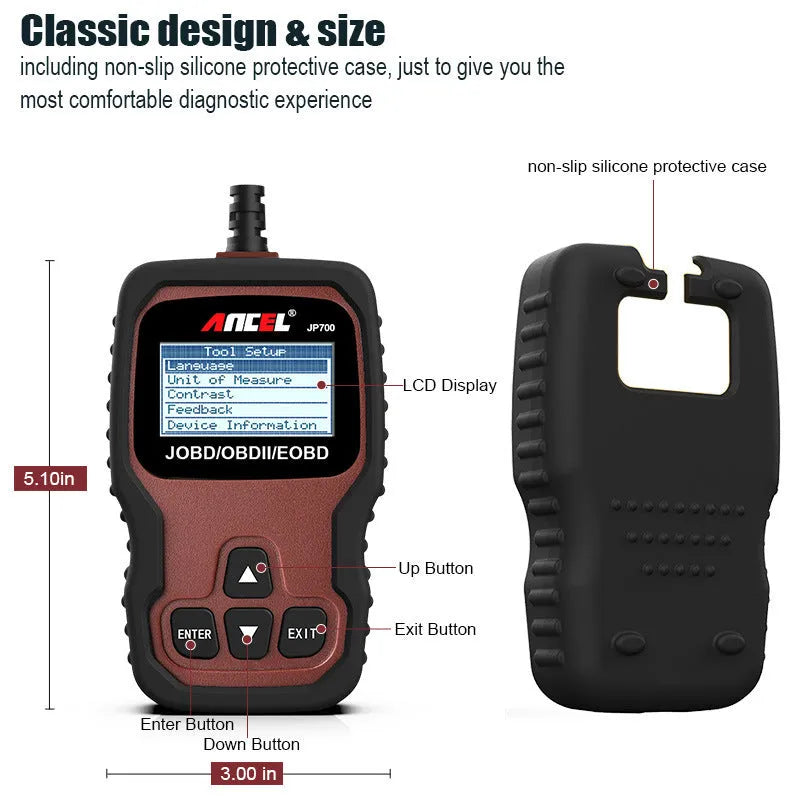 JP700 12V car engine code reader scanner with USB cable and manual, brown automobile fault detector