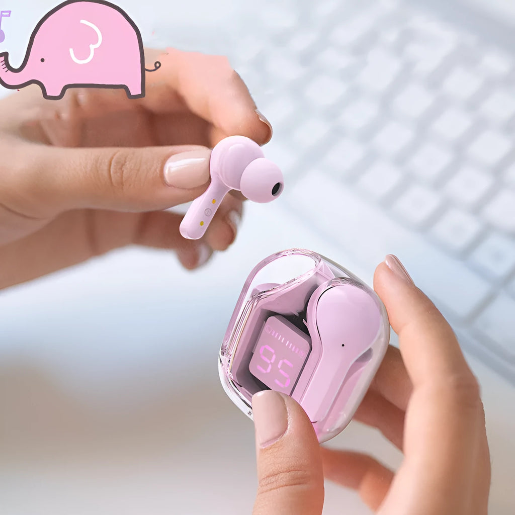 Mini wireless Bluetooth headset with LED display shown in green, next to its silicone case and USB-C charging cable.