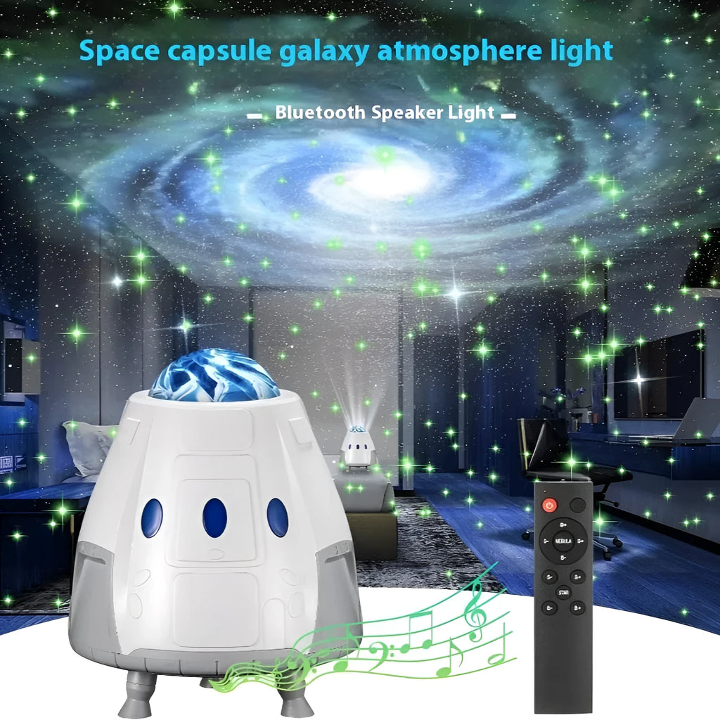 Compact white cube-shaped USB galaxy projection lamp with remote control on a table