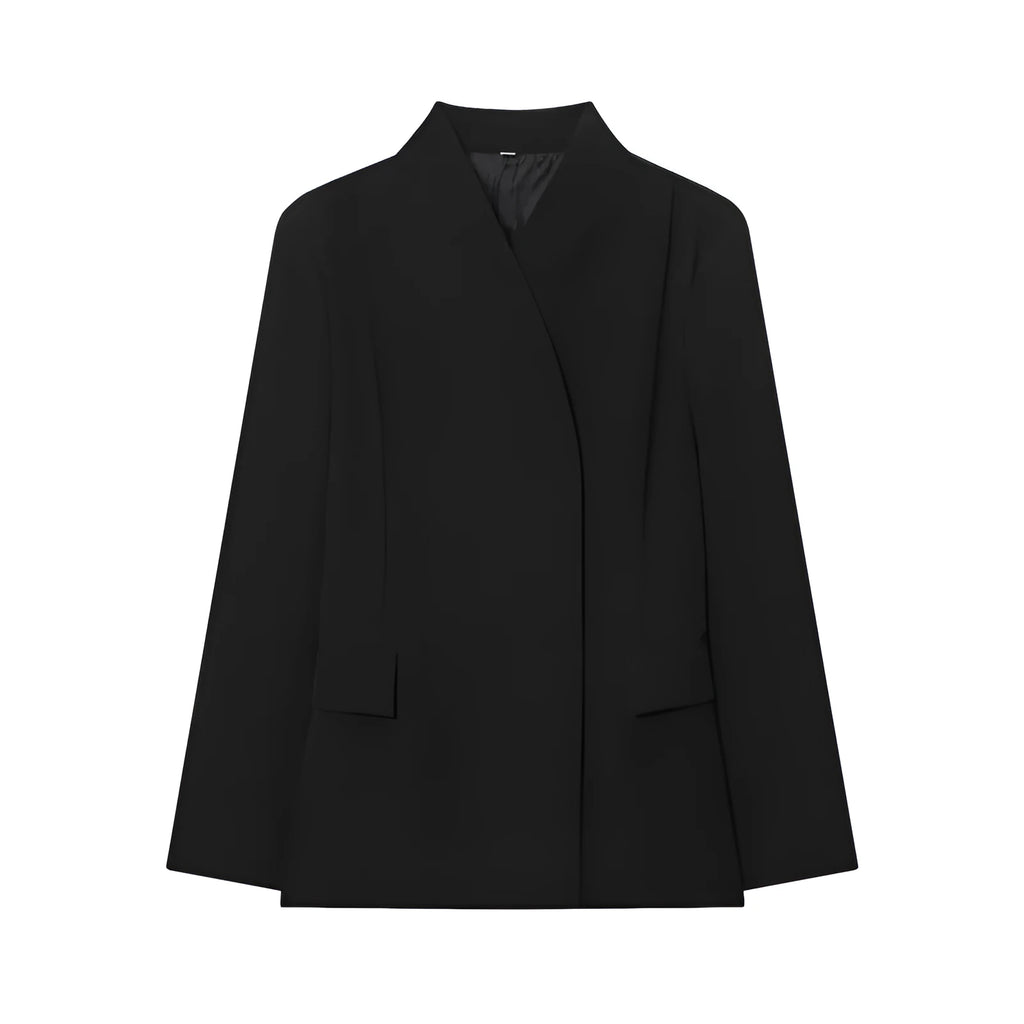 Women's black long sleeved loose fit suit jacket with polyester blend fabric