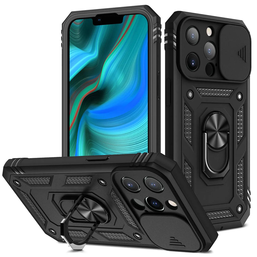 Magnetic mobile phone case with sliding window bracket for Apple iPhone in multiple colour options