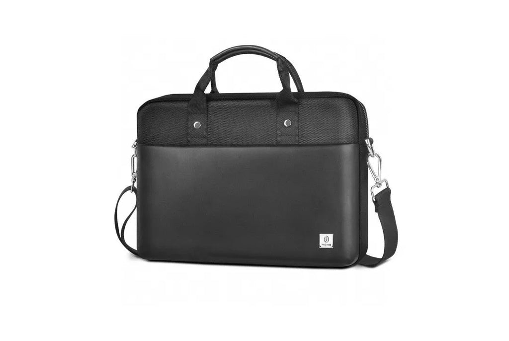 Black Oxford cloth laptop backpack showing multiple compartments and a lockable zip.