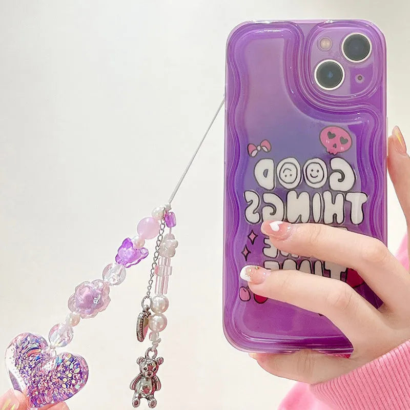 Purple English graffiti design iPhone case with love pendant charm and a lanyard attachment hole.