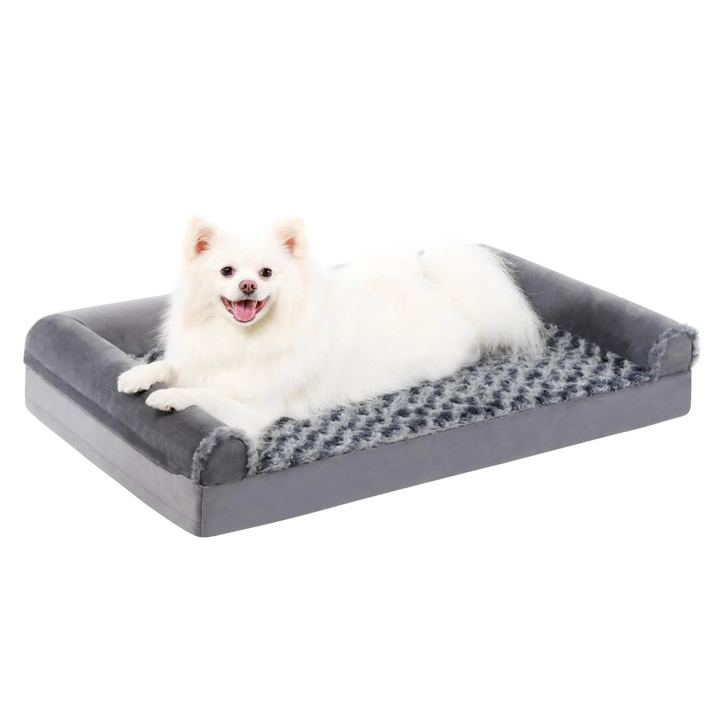 Grey U-shaped removable cover pet sofa bed for dogs on a wooden floor.