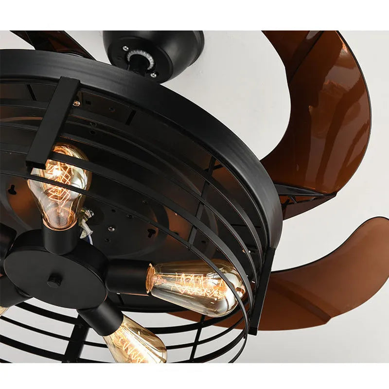 American retro style ceiling fan lamp with invisible retractable blades and acrylic shade, remote control on side.