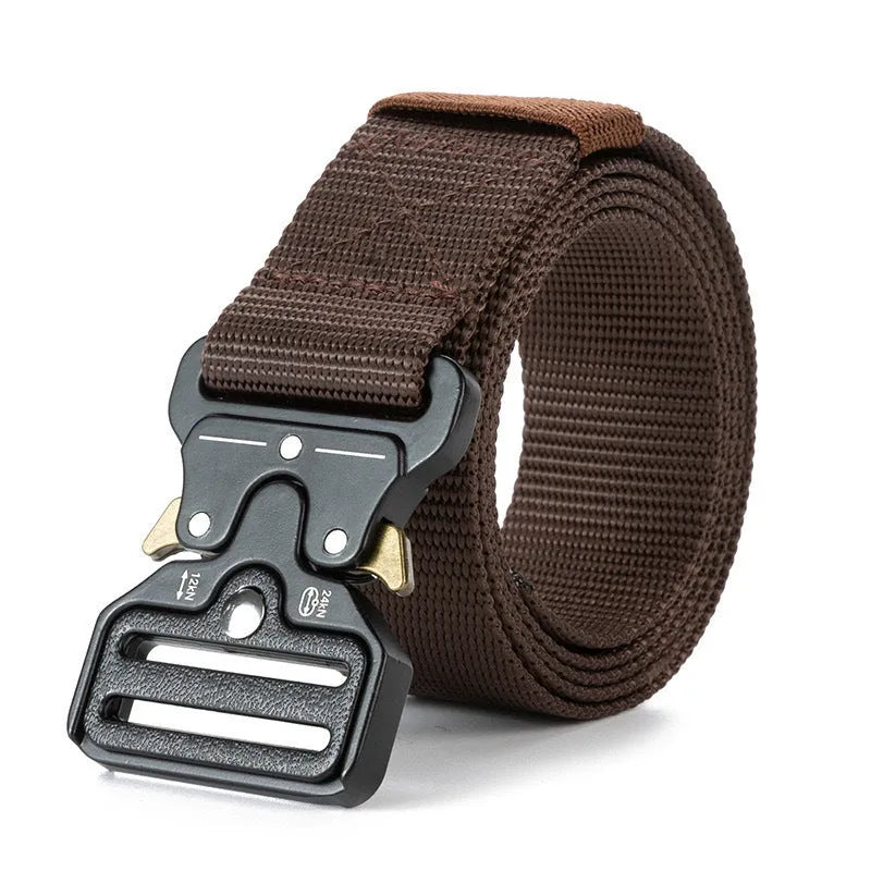 Men's canvas tactical belt with quick-release alloy buckle shown in Army Green colour, laid flat to show its 120cm length.