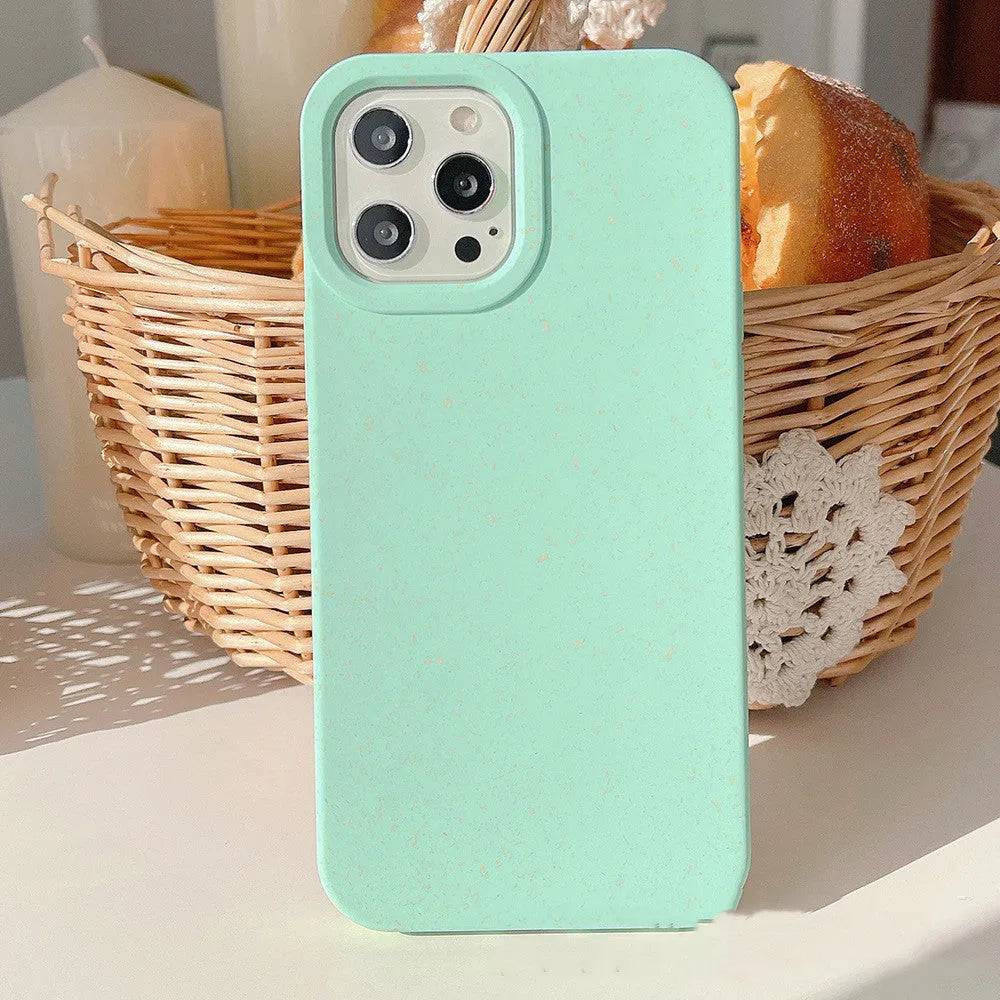 Fully degradable wheat straw fibre phone case for Apple iPhone, shown in multiple colours.