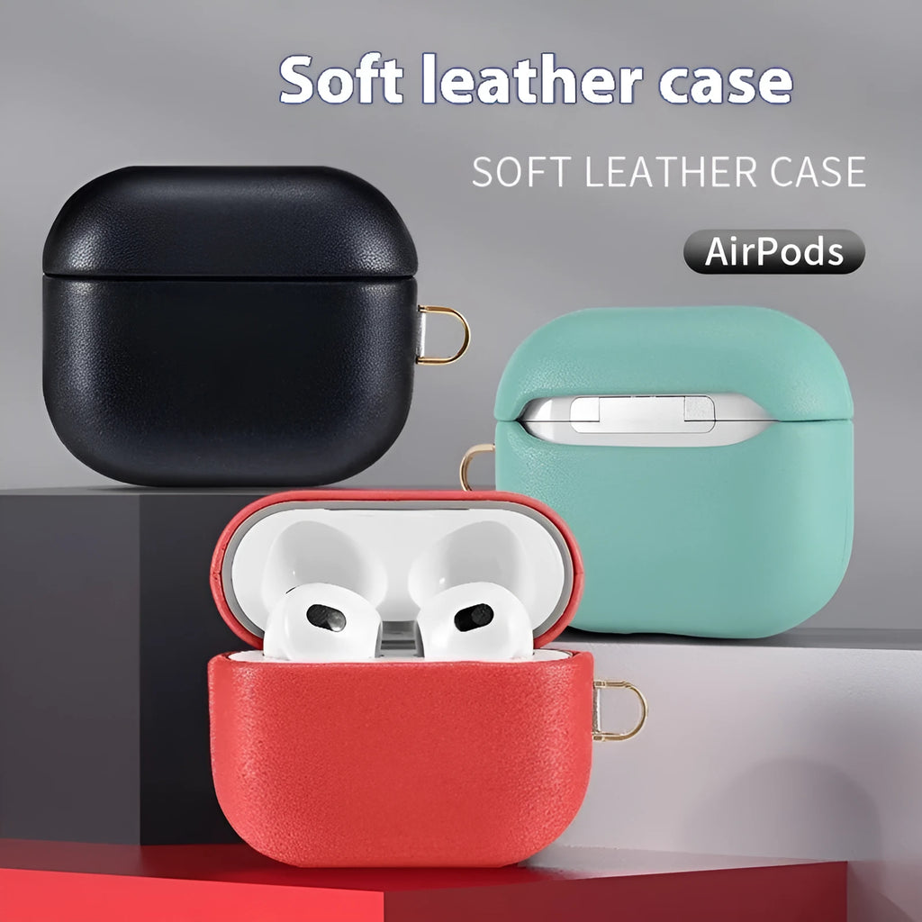 Genuine cowhide leather earphone sleeve for AirPods 3, Pro and Pro 2 with magnetic closure, shown in a listed colour
