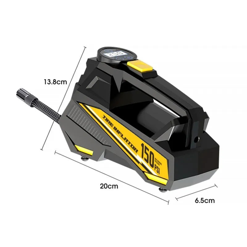 Black portable 12V tyre inflator with digital display and power cable on a garage floor
