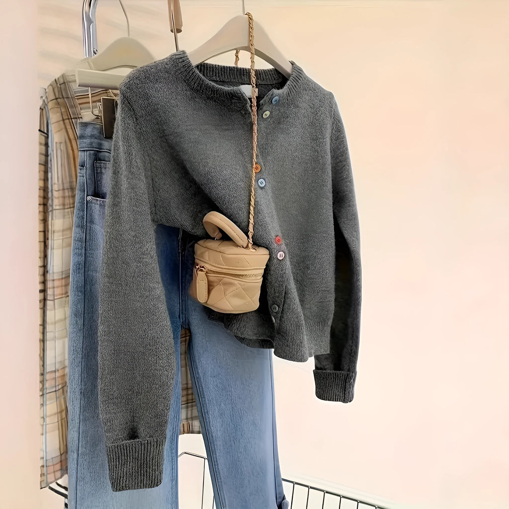 Dark grey women's polyester cardigan sweater with long sleeves and button front.