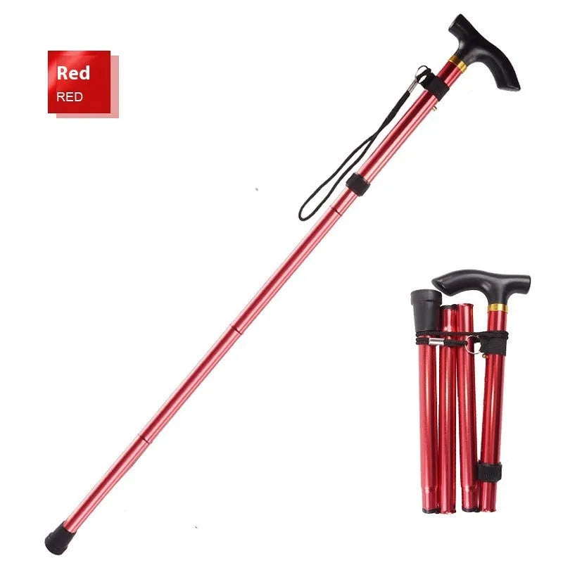 Aluminium alloy folding walking cane extended and folded, showing adjustable length and non-slip handle.