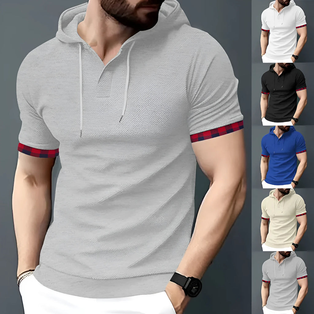 Men's short sleeve sport casual hooded top in solid colour polyester blend – shown in royal blue on a male model.