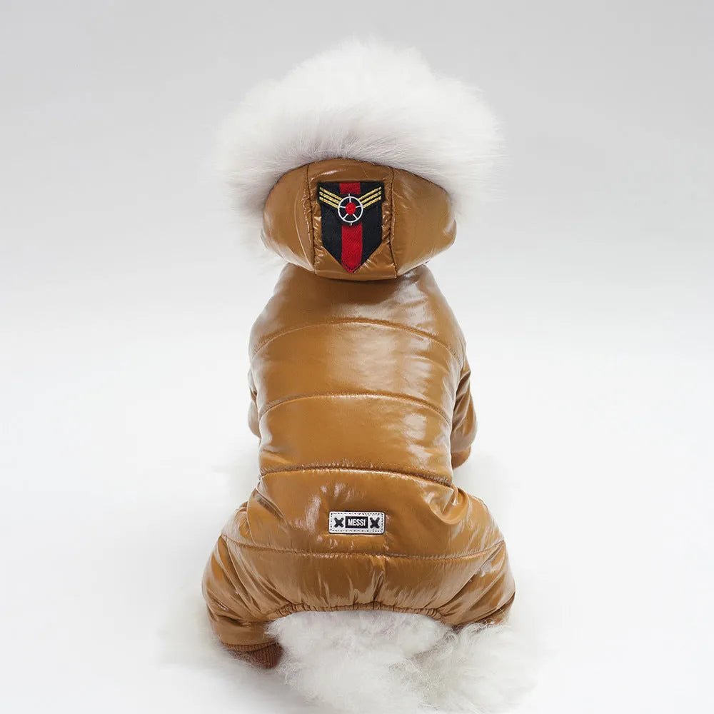 PU leather dog coat for teddy dogs in red colour, European American style, lying on a light surface