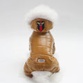 PU leather dog coat for teddy dogs in red colour, European American style, lying on a light surface