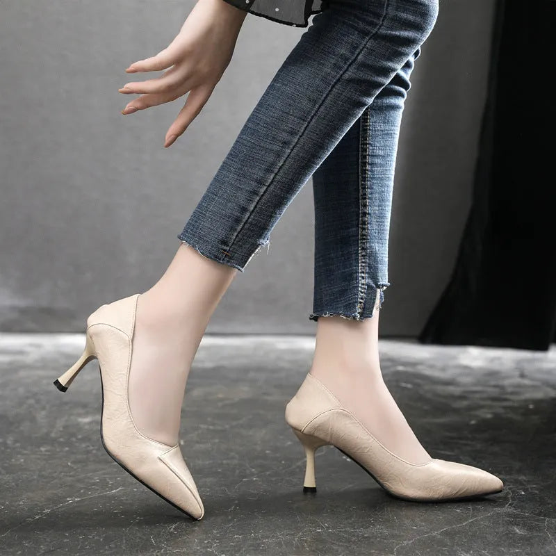 Women's pointed-toe stiletto court shoes in apricot or black, 5cm or 7cm heel, faux leather upper, sizes 30-44
