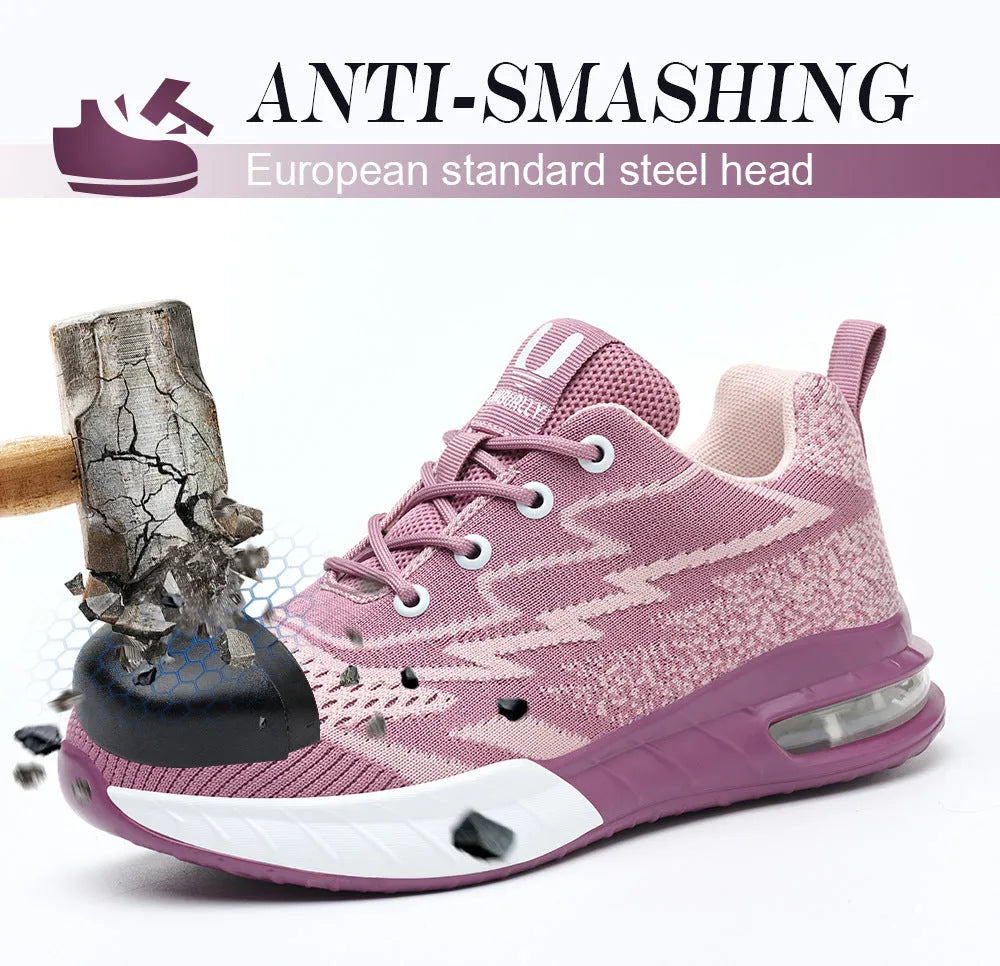 Women's safety trainers with steel toe and Kevlar midsole, flying woven upper, rubber sole, pink or black, EU35-41