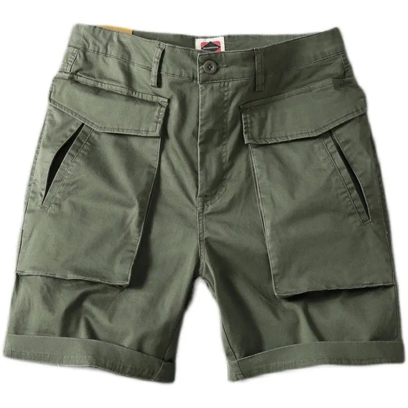 Men's straight-leg cargo shorts in army green with multiple button-closed pockets on thighs and sides.