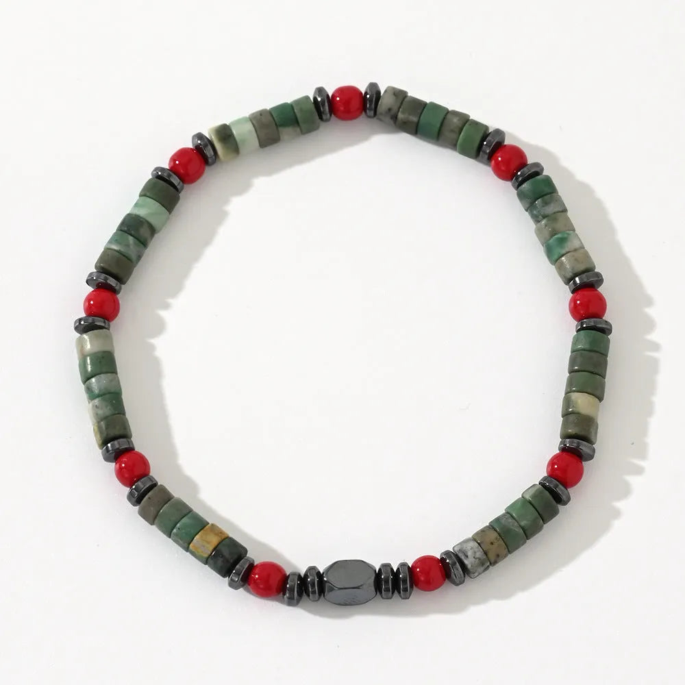 Bohemian men's bracelet with cylindrical natural stone beads on a woven string.