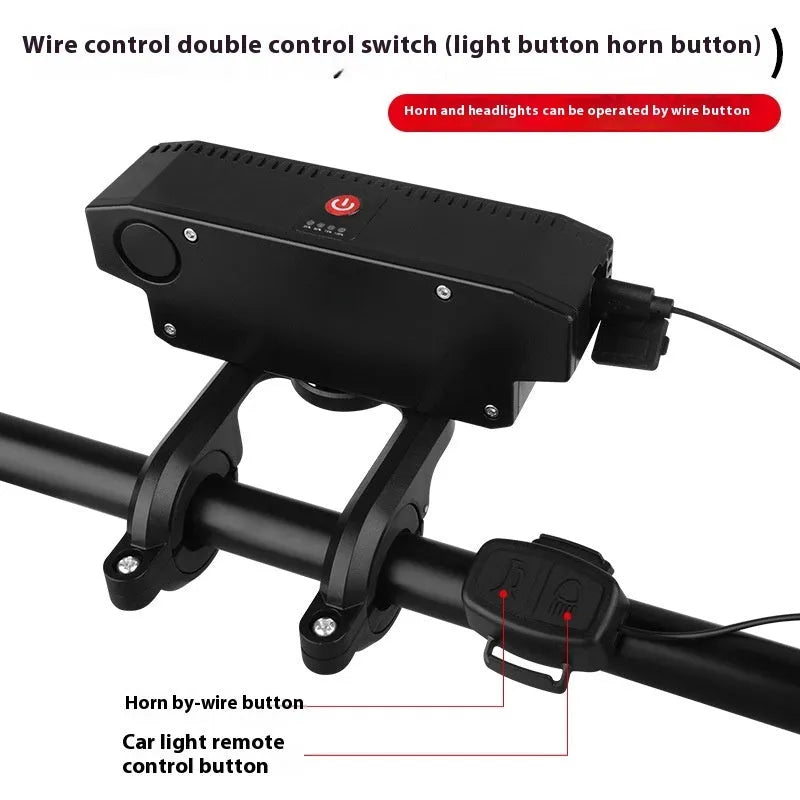 HYD-059 rechargeable bicycle headlight with horn mounted on handlebars, showing six LED mode buttons.