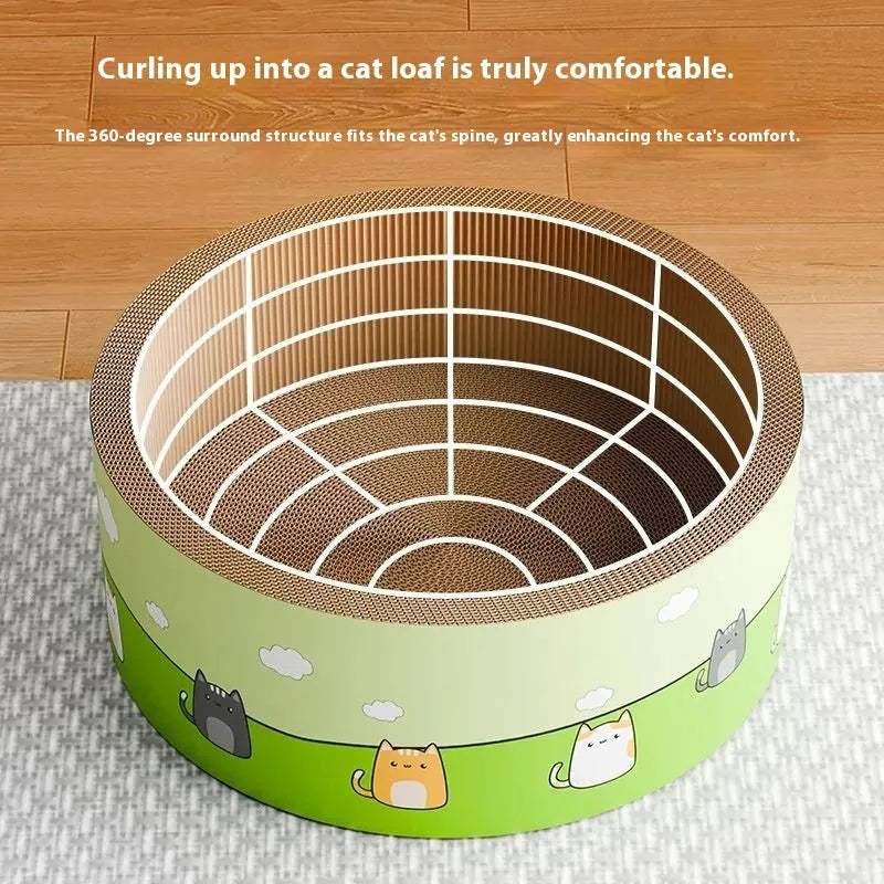 A large round corrugated cardboard cat scratch board with a deep, textured pit design on a wooden floor.