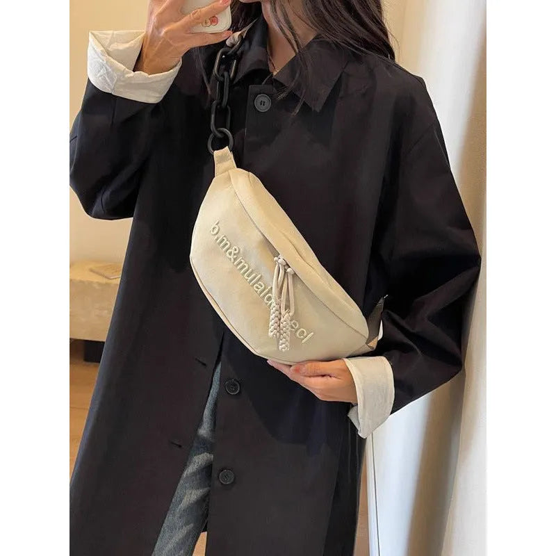 Women's soft nylon shoulder bag with embroidery letter and chain detail, Urban Simplicity style, available in multiple colours