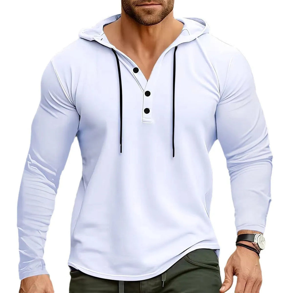 Men's sports fitness hooded long sleeve top in black polyester fabric with hood and long sleeves