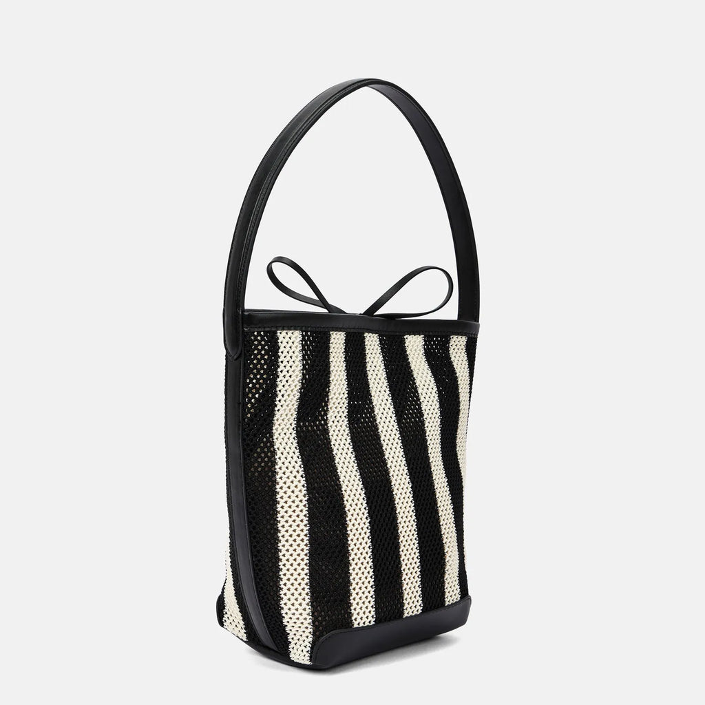 Black and white striped woven fabric women's shoulder bag with bucket-type design measuring 28x18x13cm