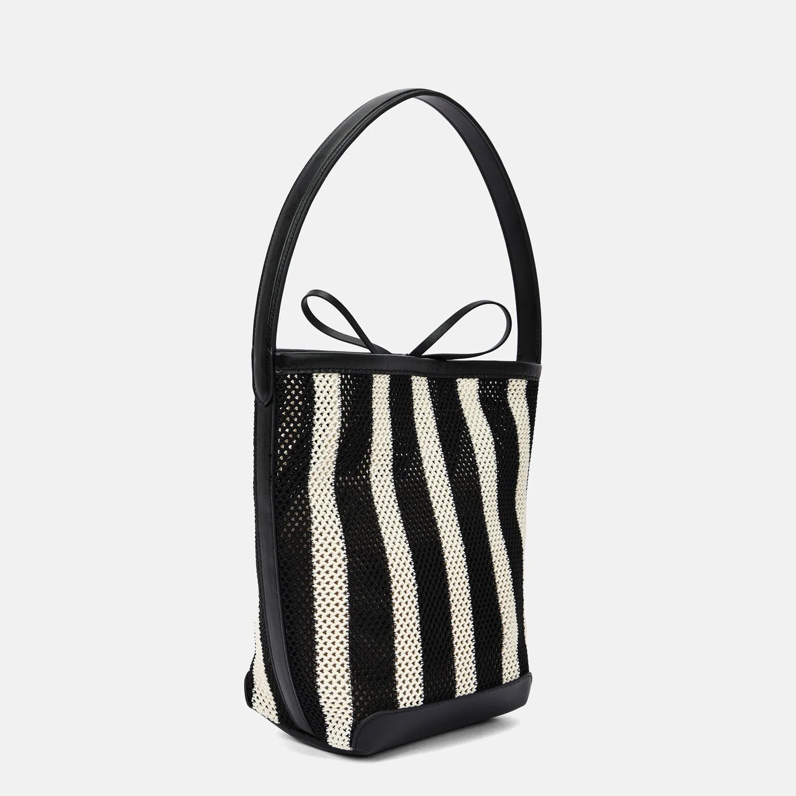 Black and white striped woven fabric women's shoulder bag with bucket-type design measuring 28x18x13cm