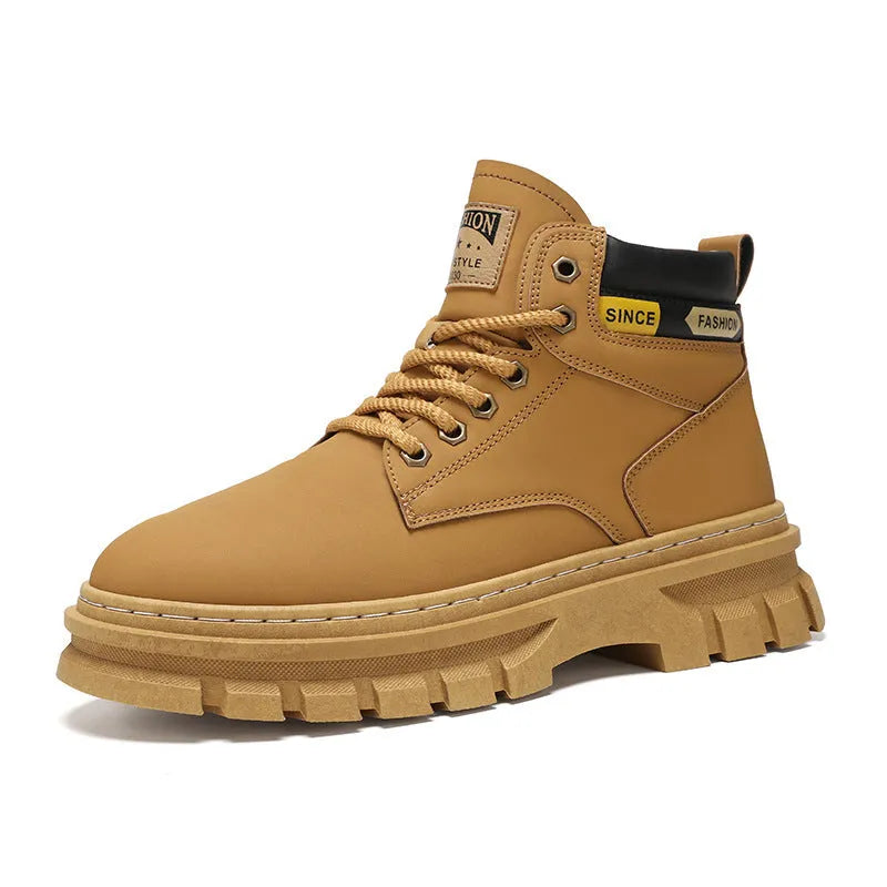 Men's brown lace-up Martin boots with round toe and rubber sole on a neutral background